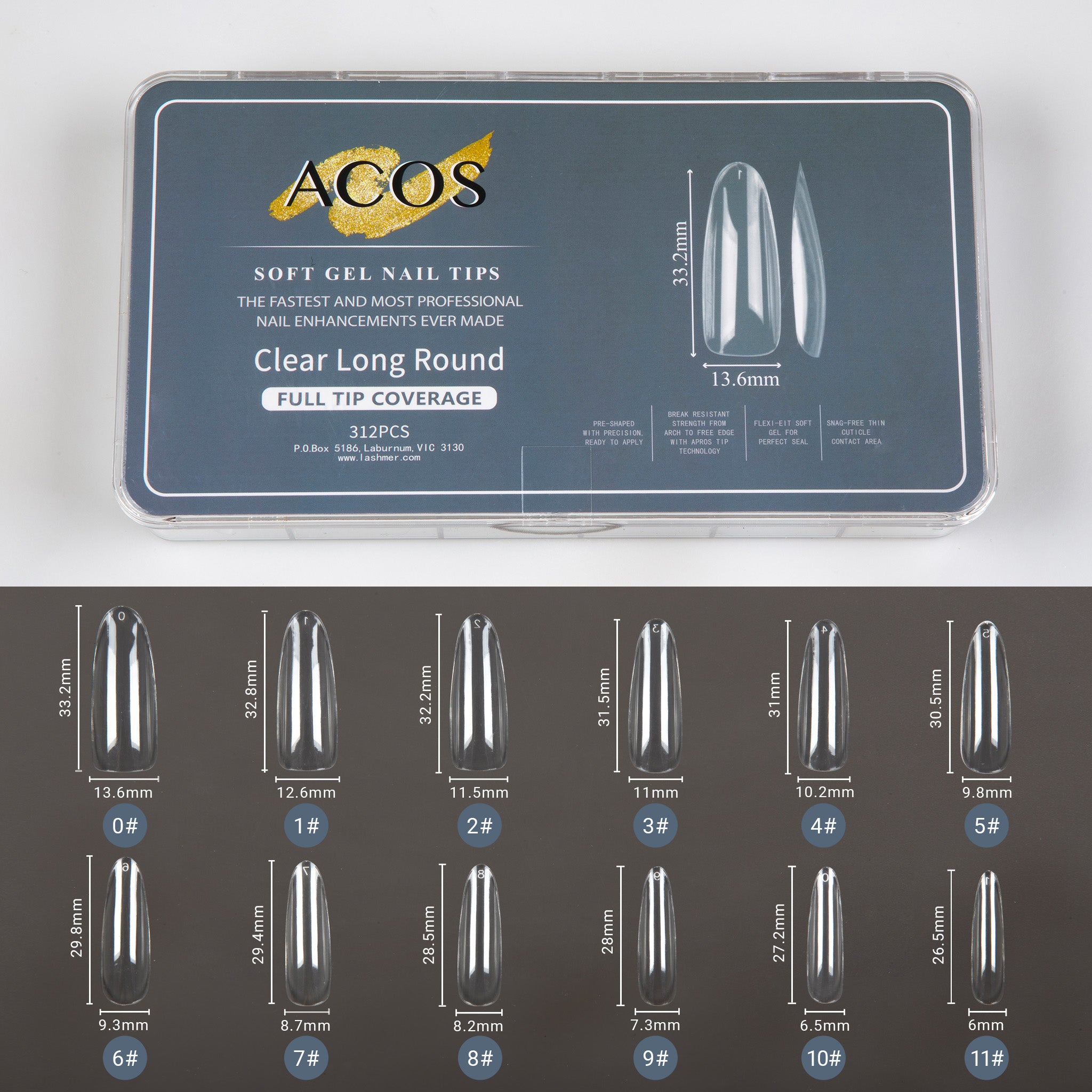 ACOS Soft Gel Nail Tips -Clear Long Round - Lashmer
