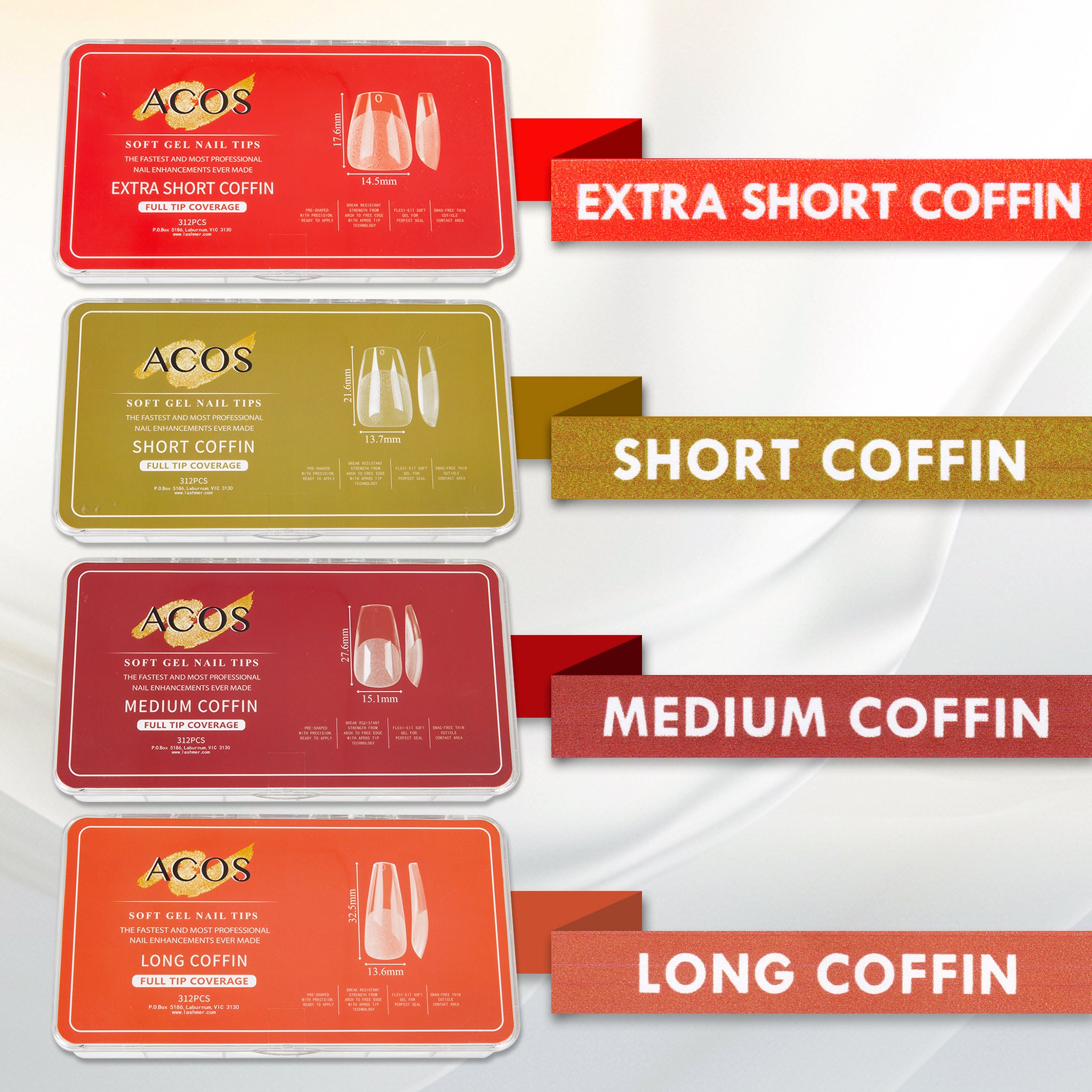 ACOS Soft Gel Nail Tips (Full Tip Coverage) -Coffin Shape (312pcs/box) - Lashmer