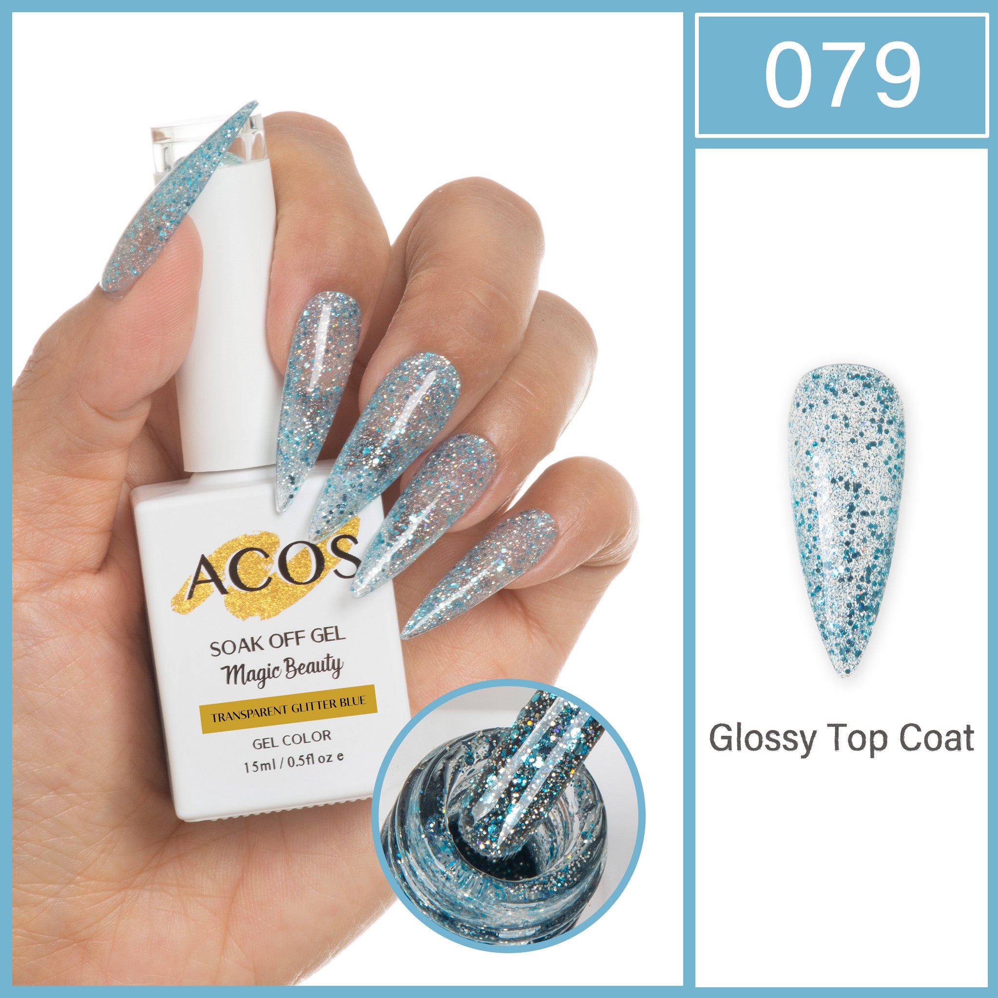 ACOS Magic Beauty Gel Polish Colour TRANSPARENT GLITTER BLUE (079) - Lashmer