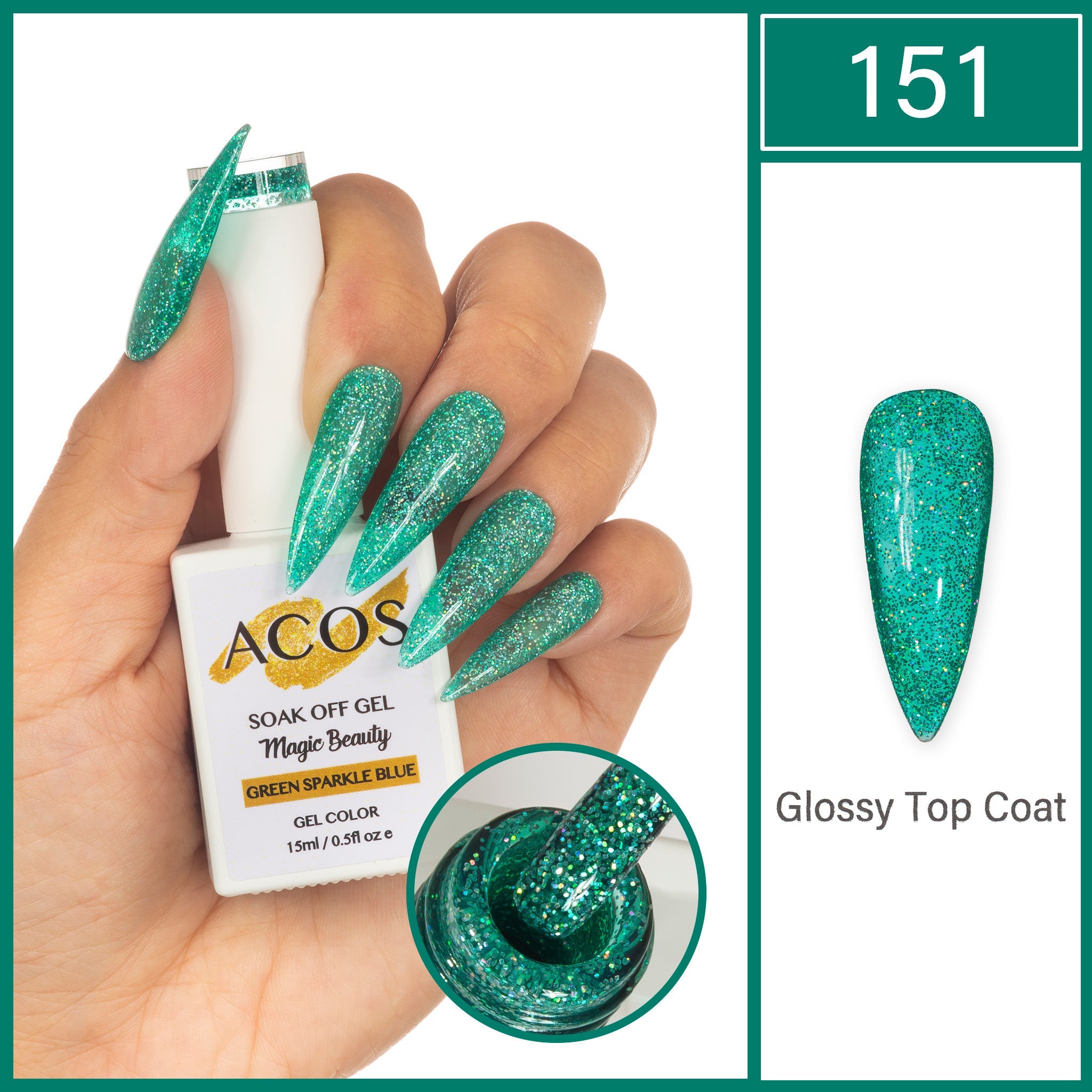 ACOS Magic Beauty Gel Polish Green Sparkle Blue(151) - Lashmer