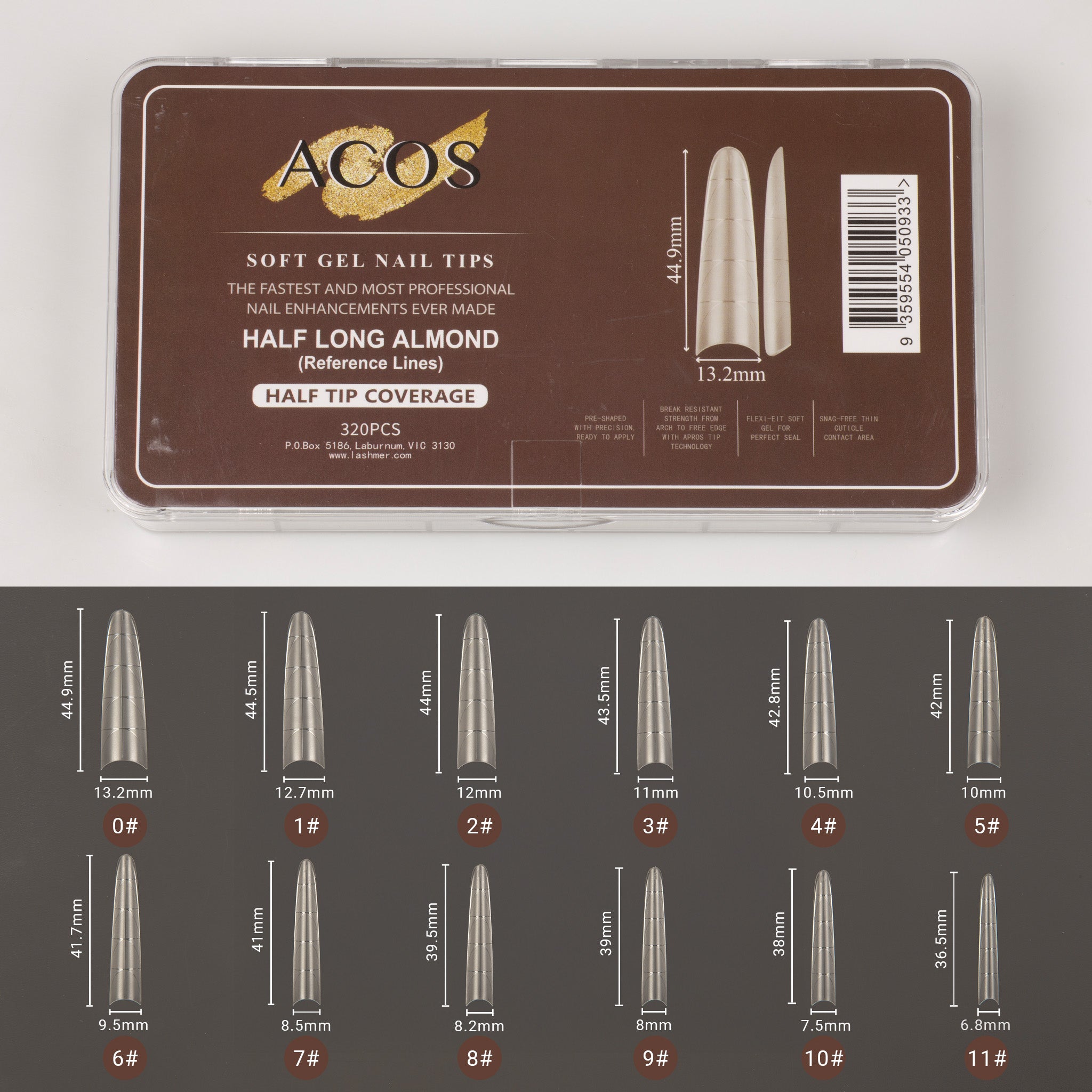 ACOS Soft Gel Nail Tips (Half Tip with lines) -Long Almond(312pcs/box) - Lashmer