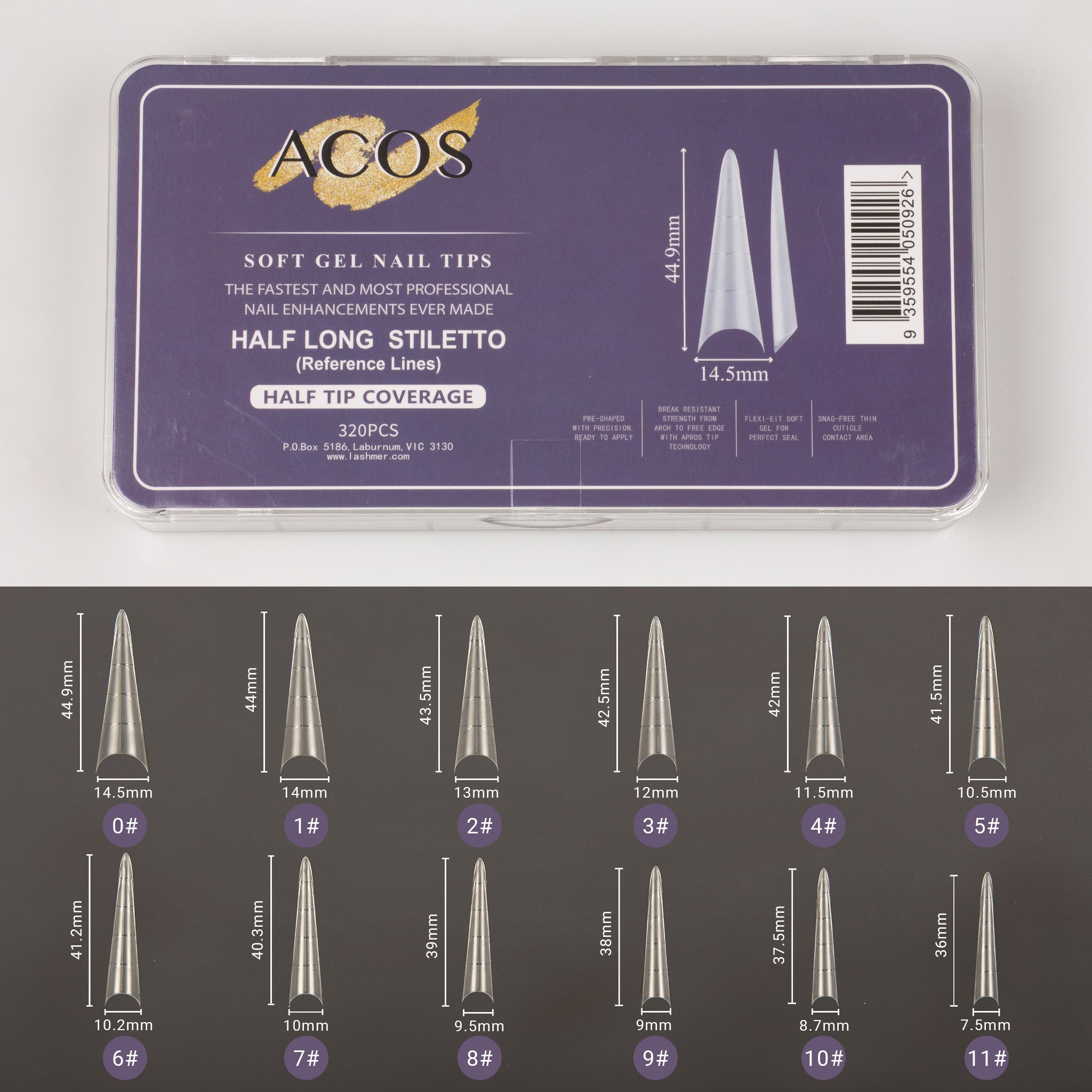 ACOS Soft Gel Nail Tips (Half Tip with lines) -Long Stiletto(312pcs/box) - Lashmer