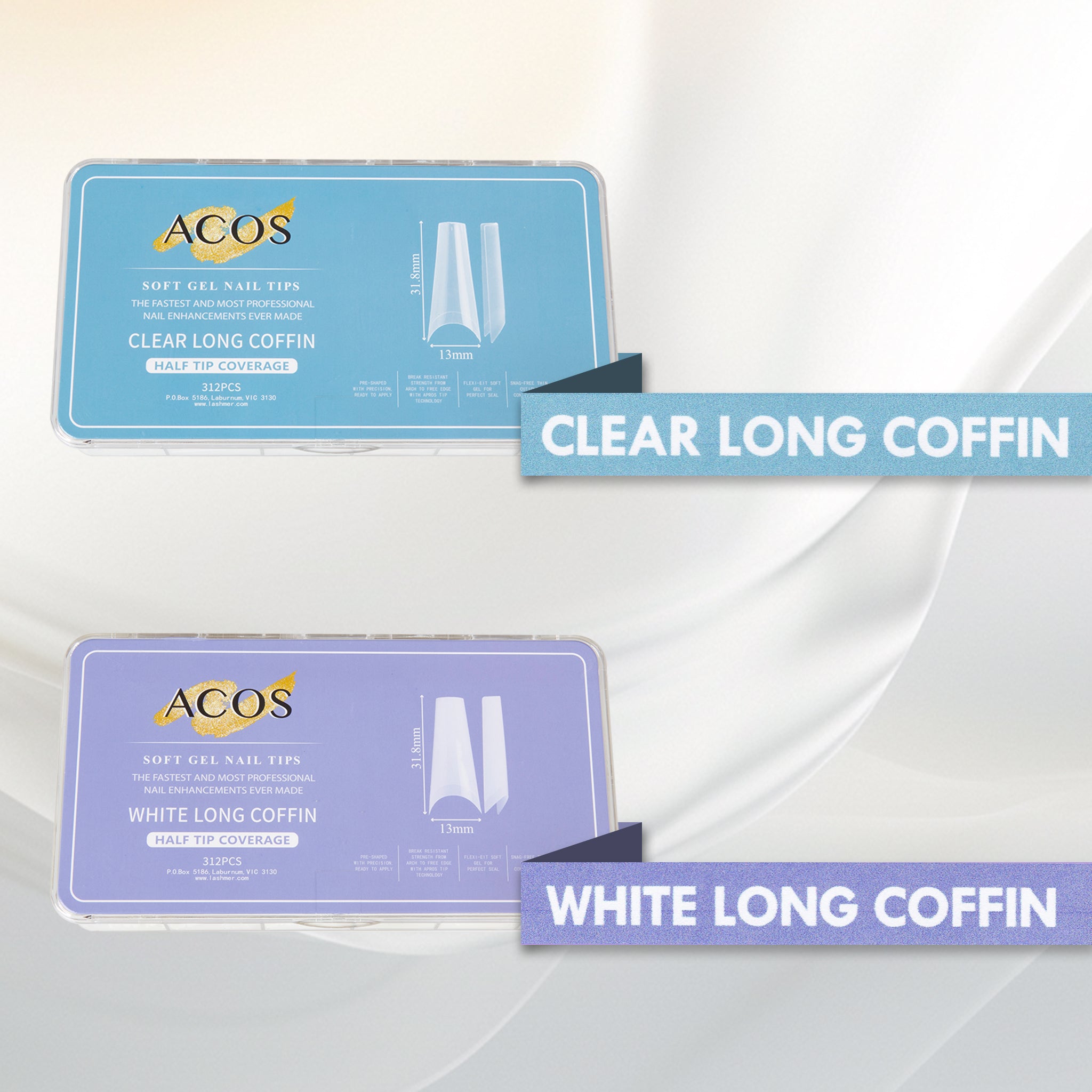 ACOS Soft Gel Nail Tips (Clear Half Cover) - Long Coffin (312pcs/box) - Lashmer