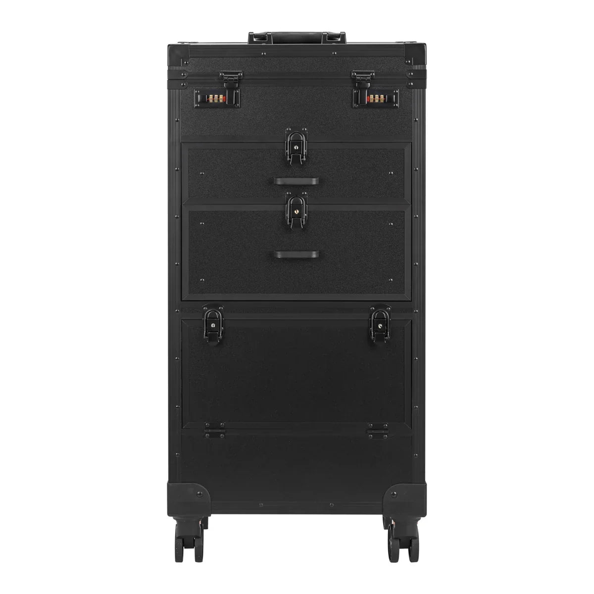 A black metal rolling storage case with three drawers, lockable latches, and caster wheels, shown against a plain white background.