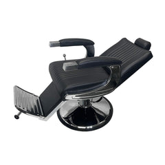 Black barber chair with chrome base on a white background