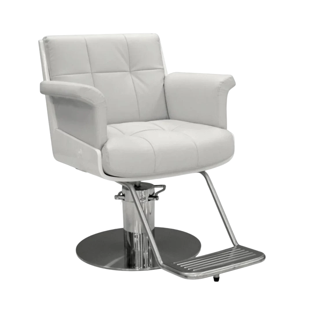 White leather salon chair with chrome base on a white background