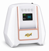 White ACOS beauty device with a digital display screen and control buttons on the front, featuring a rose gold accent frame and a gold leaf logo.