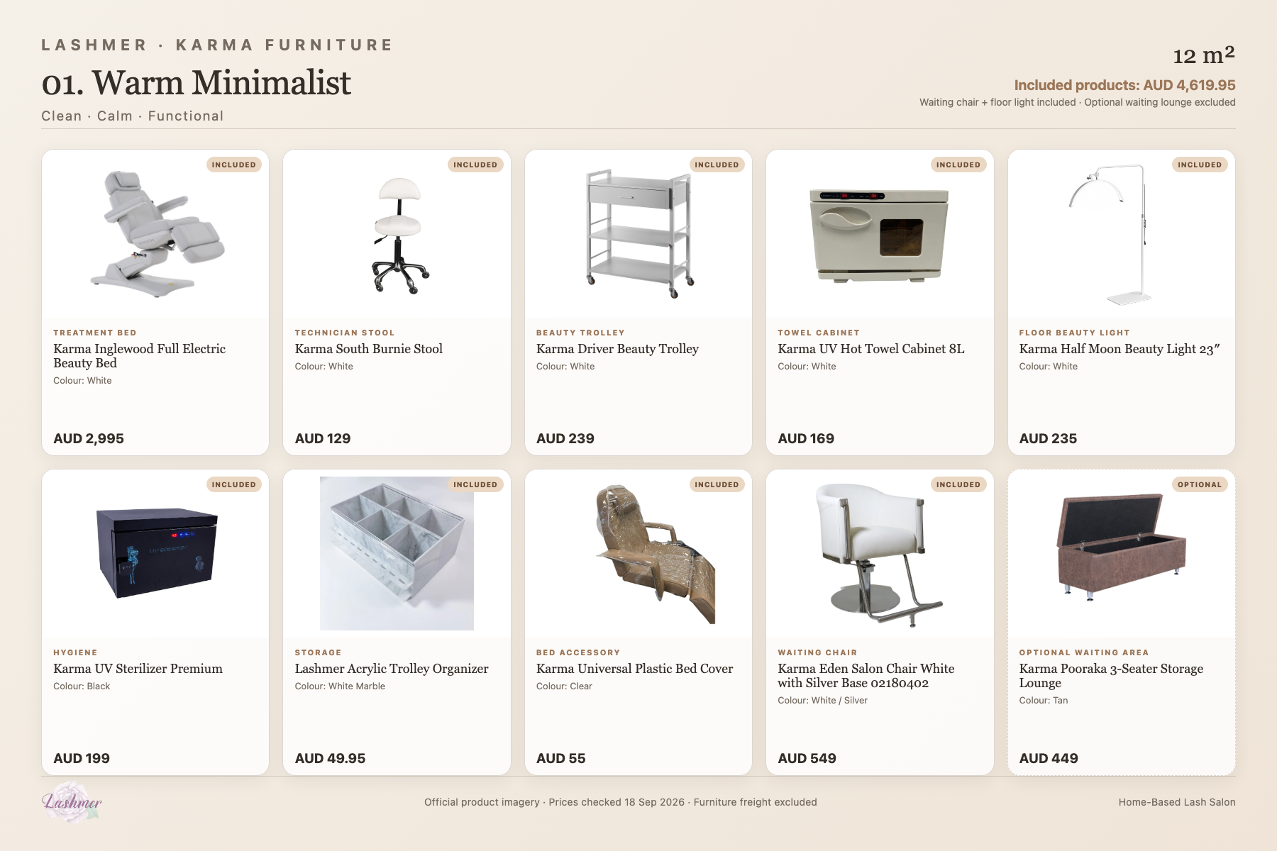 Warm Minimalist package product schedule with included furniture and optional lounge