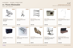 Warm Minimalist package product schedule with included furniture and optional lounge