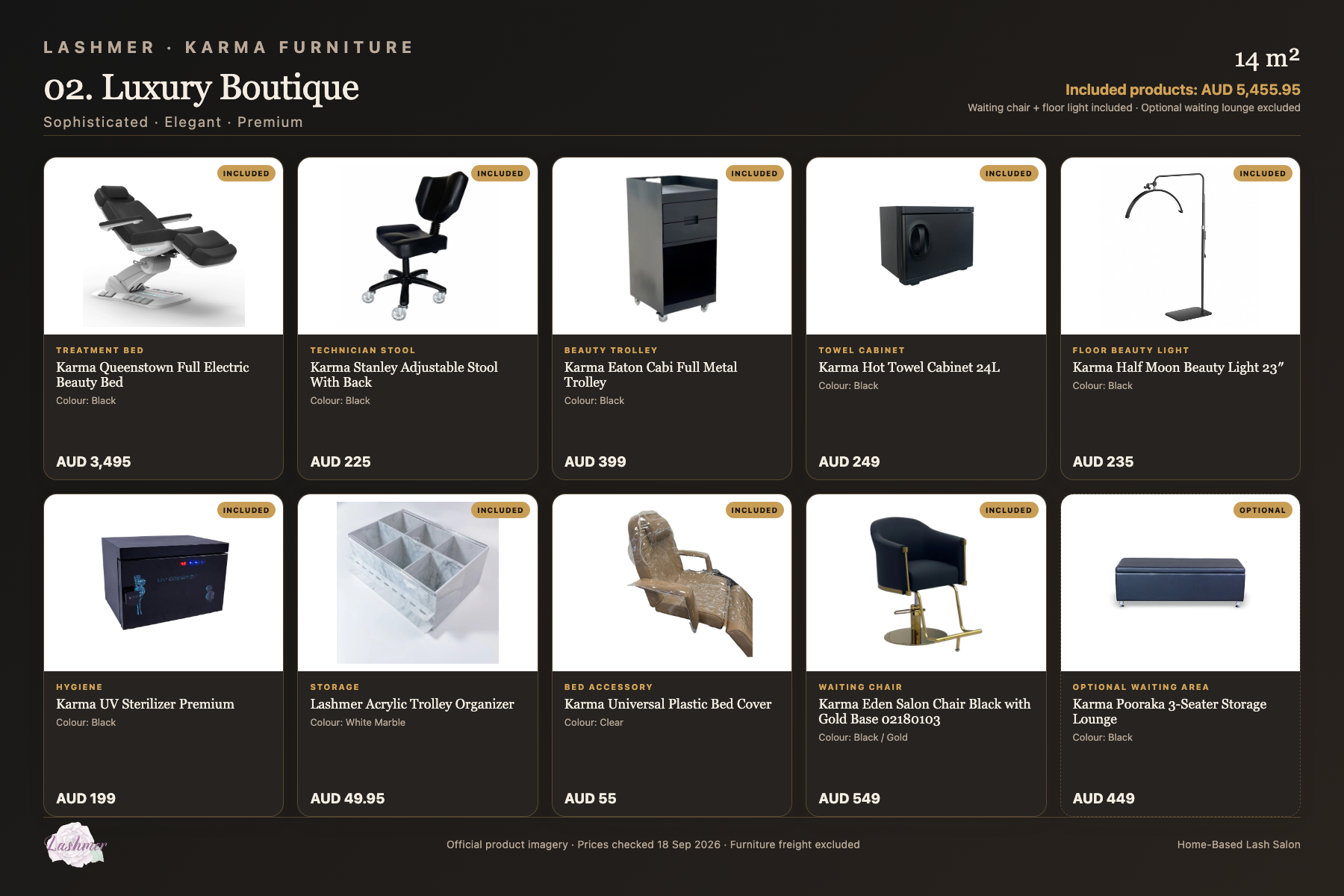 Luxury Boutique package product schedule with included furniture and optional lounge