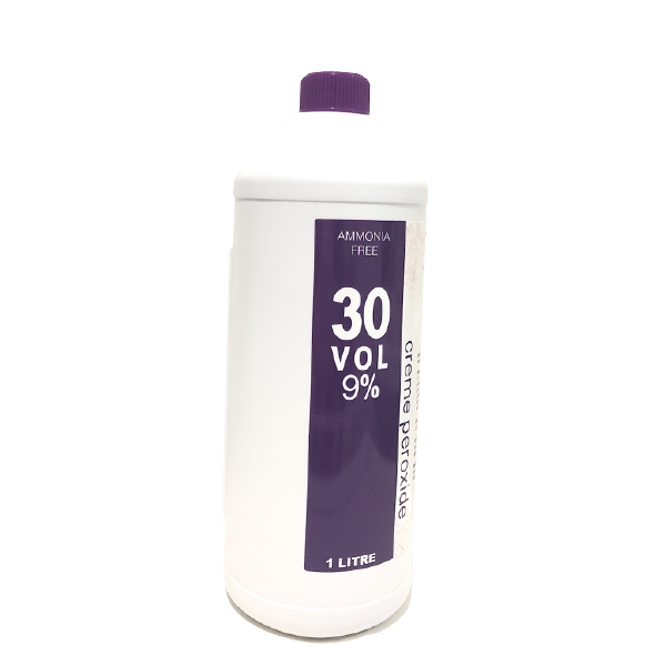 A 1 litre bottle of ammonia-free 30 vol cream soda lime, featuring a white plastic body with a prominent purple label and a purple cap, set against a plain white background.