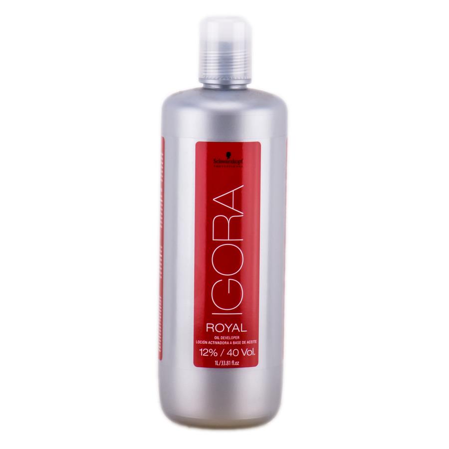 A bottle of Schwarzkopf GORA Royal hair developer, 12% / 40 Vol, in a metallic silver bottle with a red label and a clear cap, on a white background.