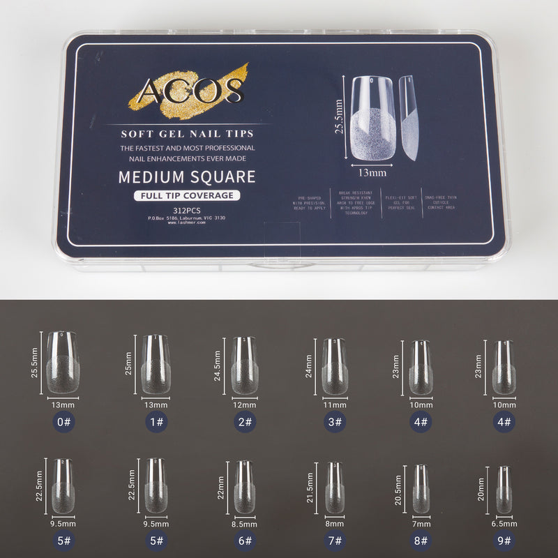 ACOS Soft Gel Nail Tips (Full Tip Coverage) - SQUARE Shape (312pcs/box) - Lashmer