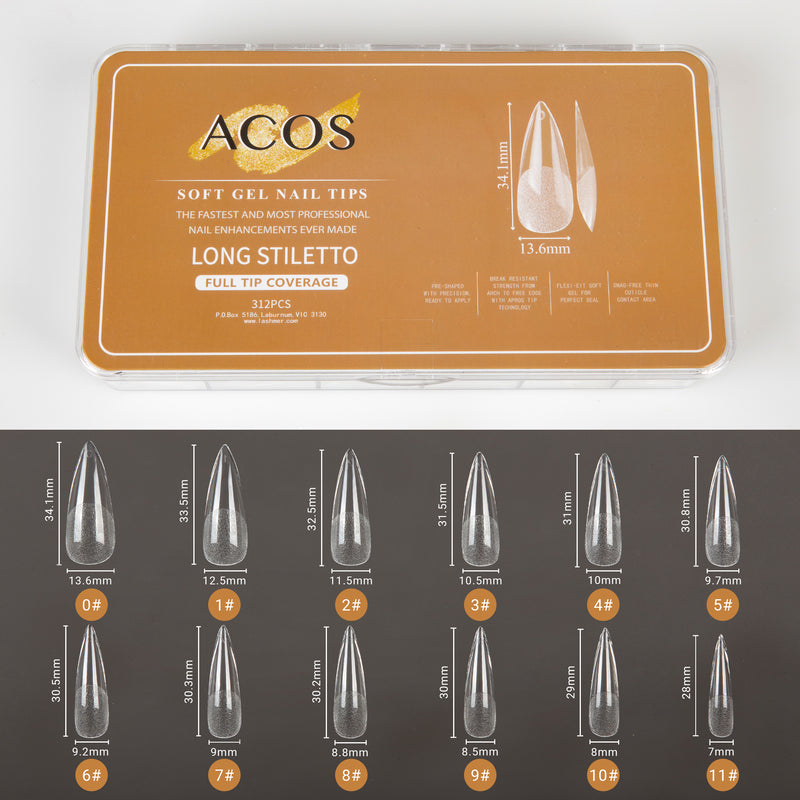 ACOS Soft Gel Nail Tips (Full Tip Coverage) - STILETTO Shape (312pcs/box) - Lashmer