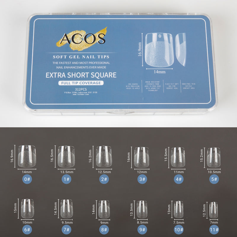 ACOS Soft Gel Nail Tips (Full Tip Coverage) - SQUARE Shape (312pcs/box) - Lashmer