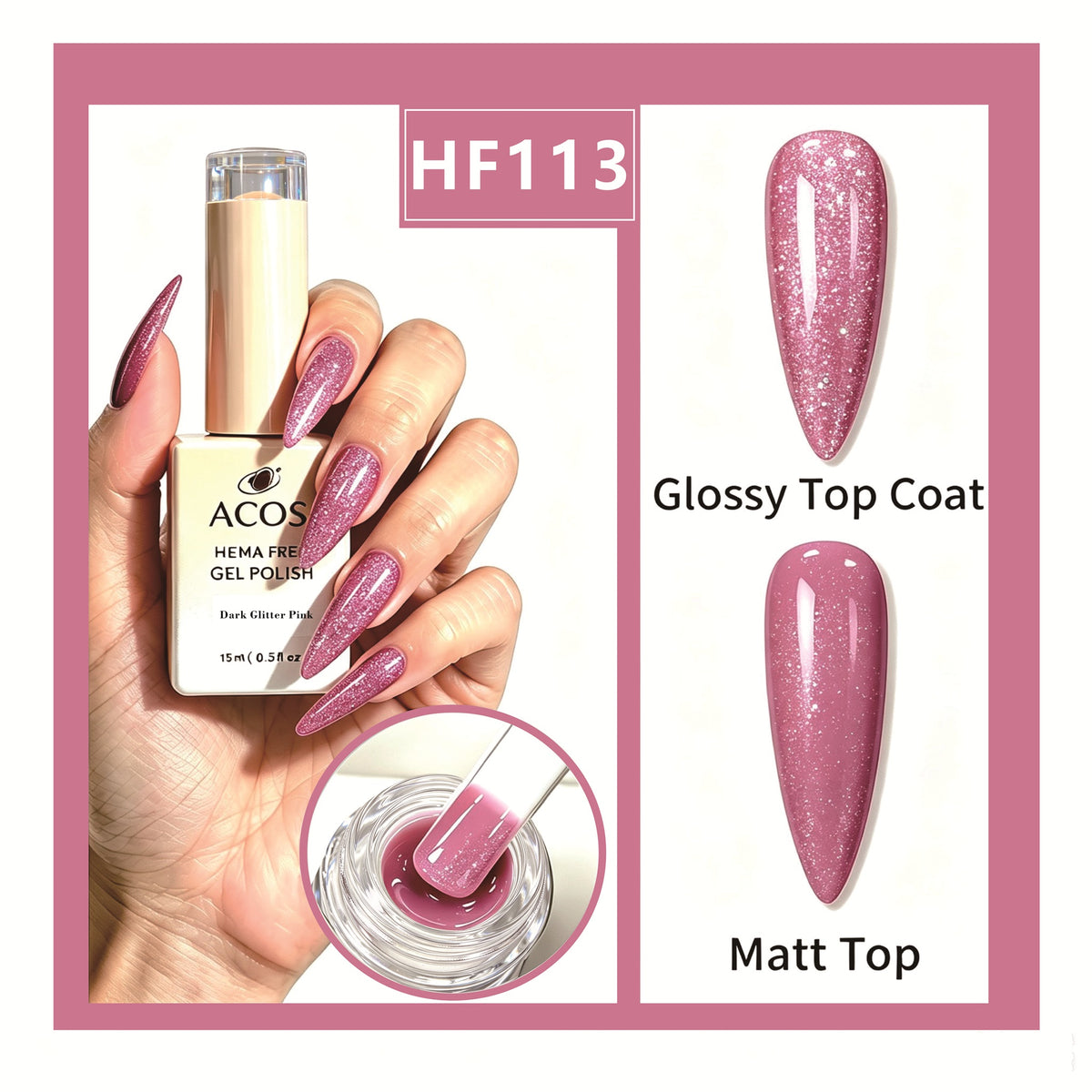 ACOS HEMA-free gel polish in Dark Glitter Pink, colour 113