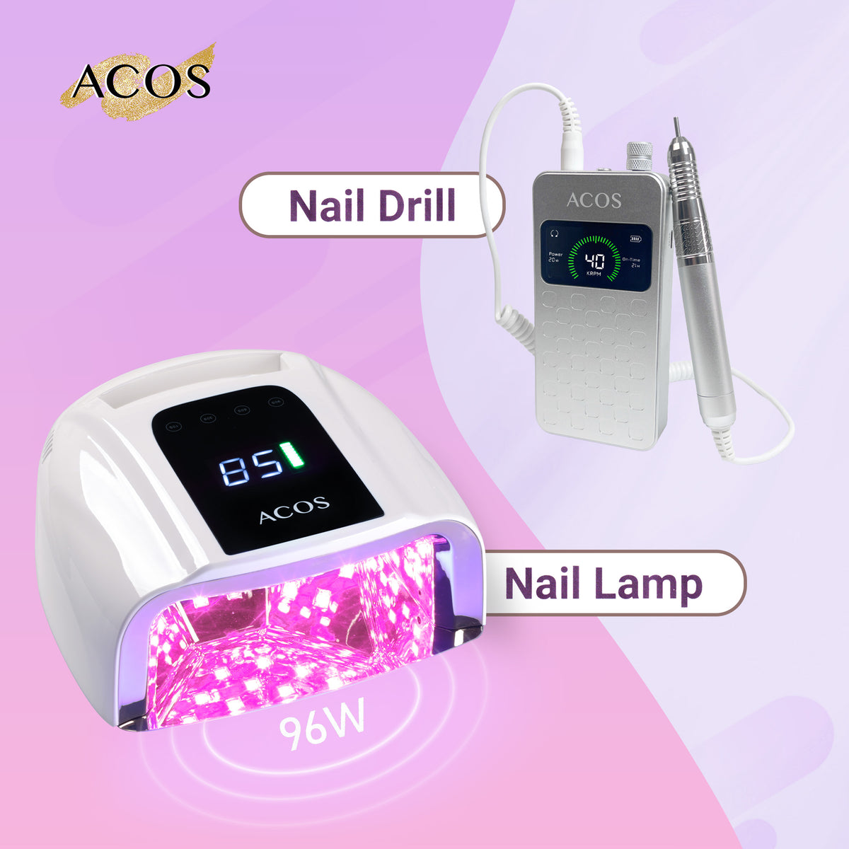 ACOS Professional Brushless Nail Drill + Rechargeable Nail Lamp 96W Pair