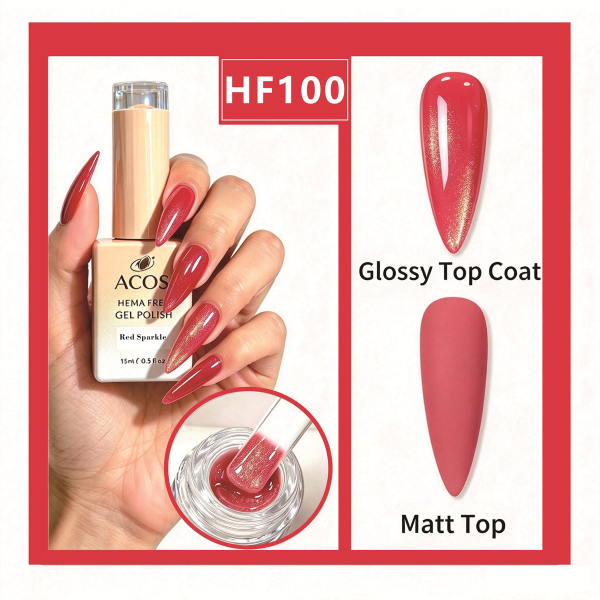 ACOS HEMA-free gel polish in Red Sparkle, colour 100