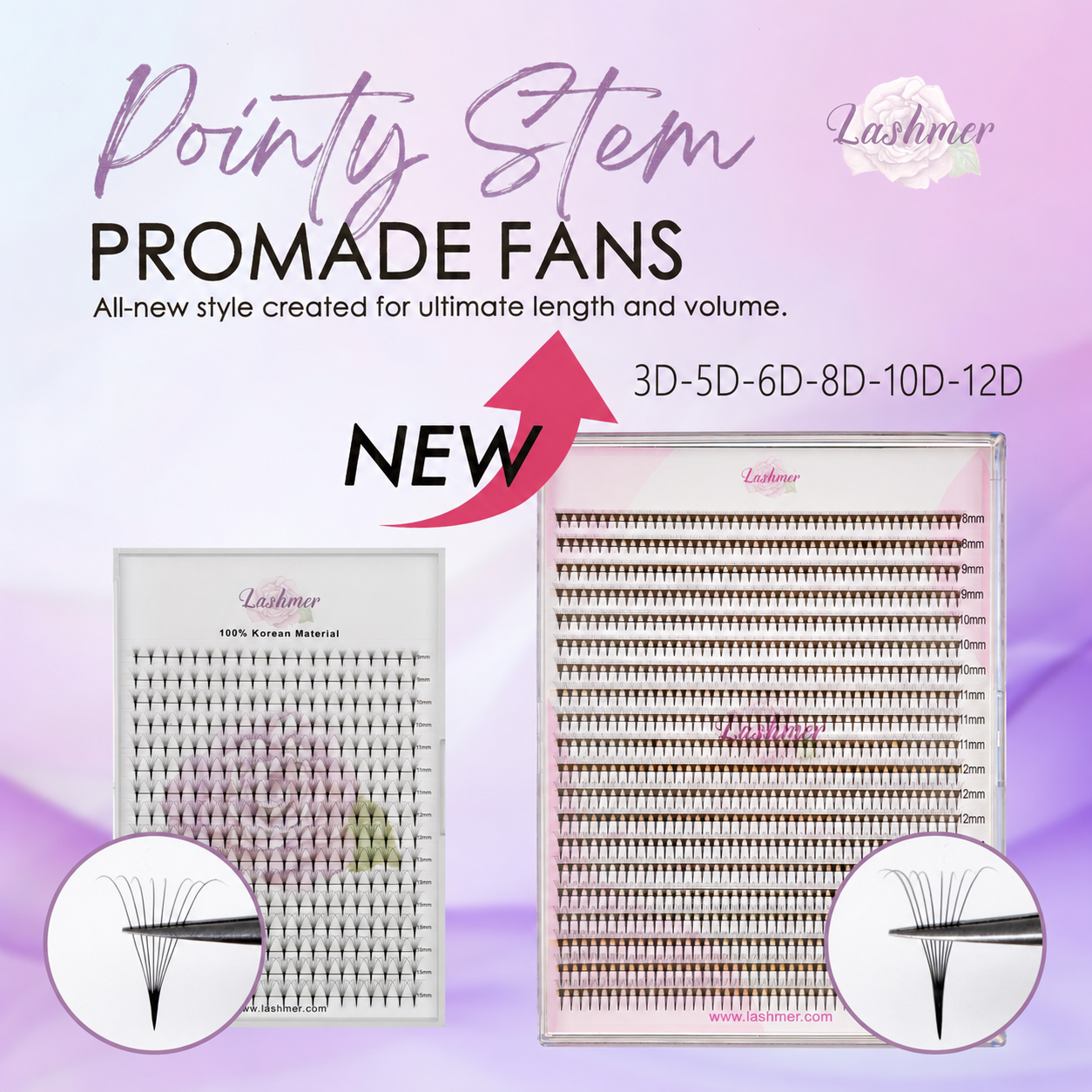 Promade Pointy Stem Lastimer false eyelash fans in a 12D style, shown in two sizes (3D-5D and 6D-8D-10D-12D) on a purple gradient background with explanatory text and close-up diagrams.