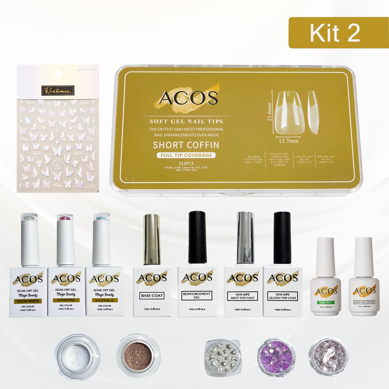 ACOS Soft Gel Press On Nail Kit (Gel color +chrome powder+sticker) - Lashmer