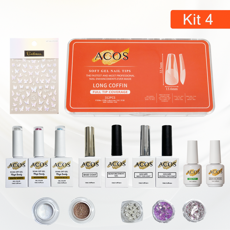 ACOS Soft Gel Press On Nail Kit (Gel color +chrome powder+sticker) - Lashmer