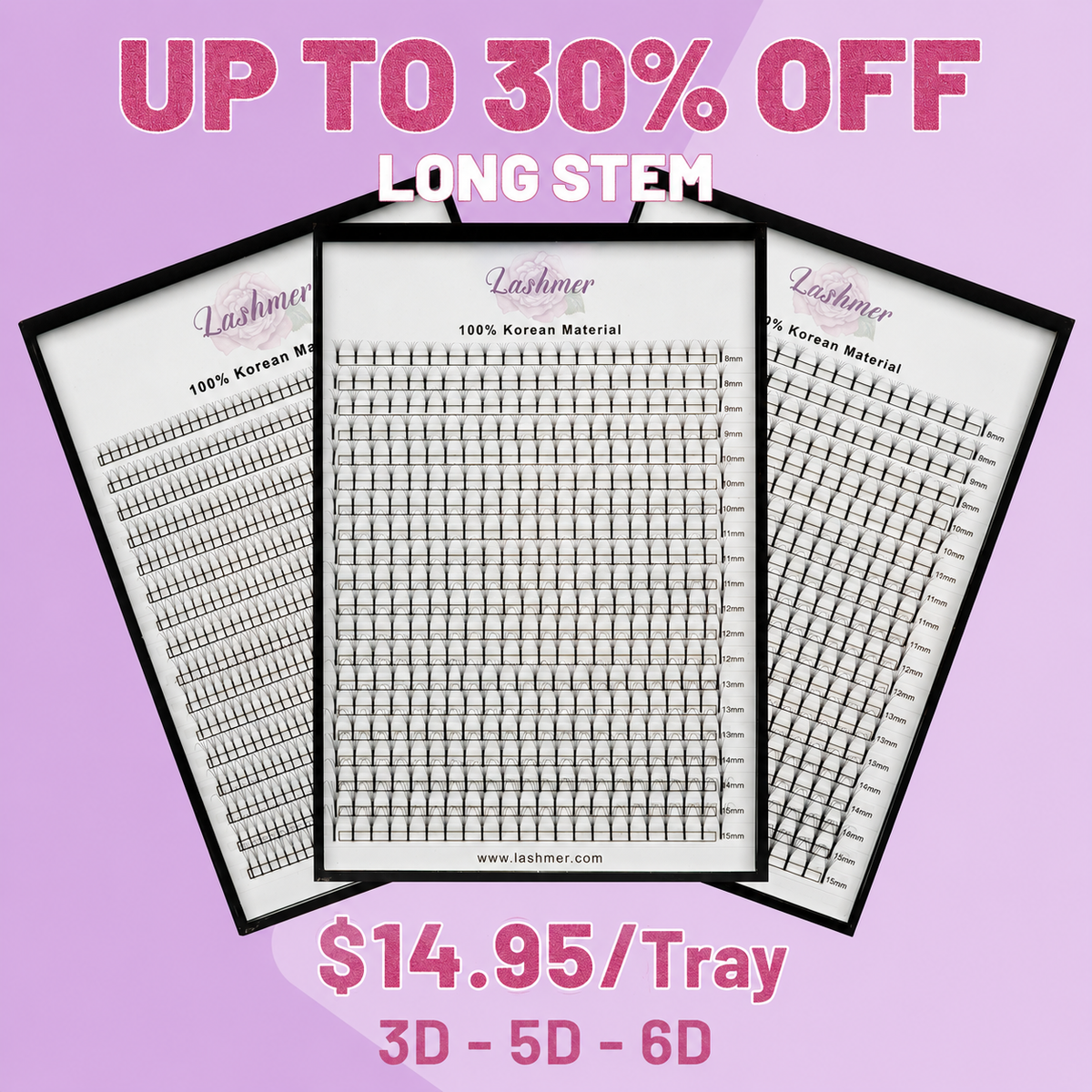 Lashmer Long Stem Premade Lash Fans Bundle, 3 XL Trays (1400 Fans) [$14.95/Tray]
